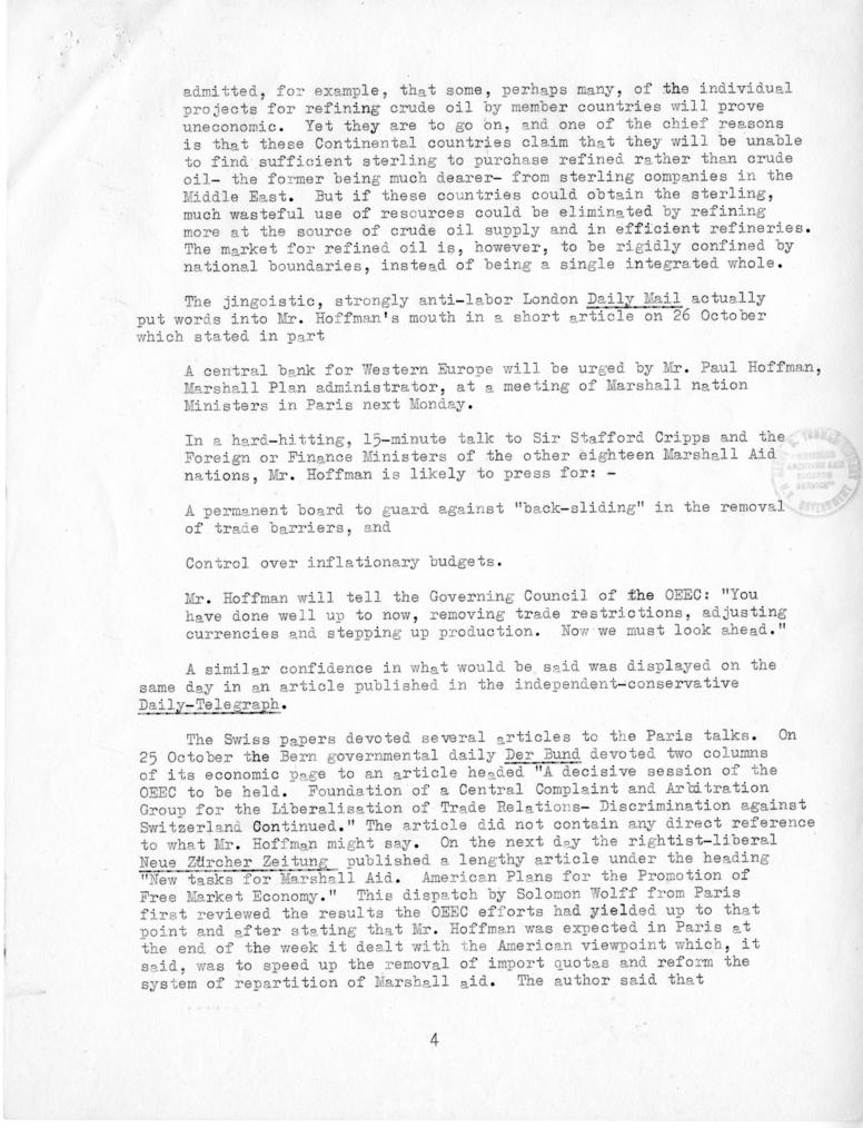 Review of European Press Reaction to Mr. Hoffman\'s Paris Visit and OEEC Negotiations, 25 October through 10 November 1949