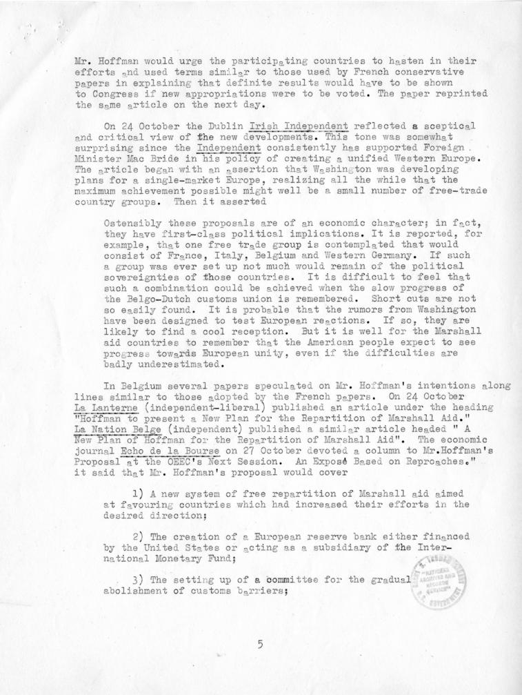 Review of European Press Reaction to Mr. Hoffman\'s Paris Visit and OEEC Negotiations, 25 October through 10 November 1949