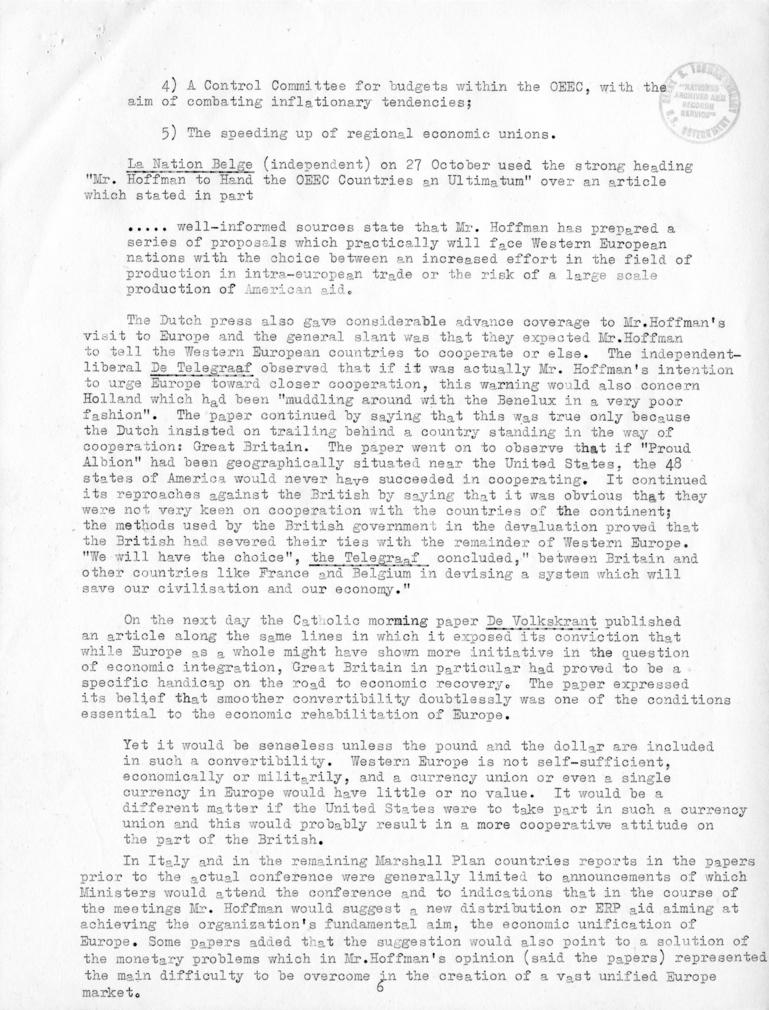 Review of European Press Reaction to Mr. Hoffman\'s Paris Visit and OEEC Negotiations, 25 October through 10 November 1949