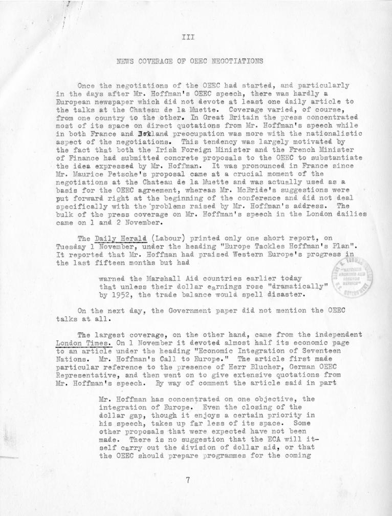 Review of European Press Reaction to Mr. Hoffman\'s Paris Visit and OEEC Negotiations, 25 October through 10 November 1949