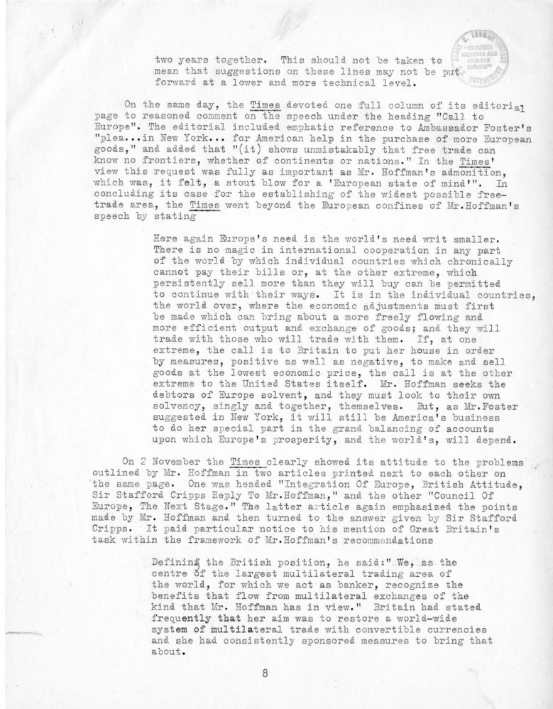 Review of European Press Reaction to Mr. Hoffman\'s Paris Visit and OEEC Negotiations, 25 October through 10 November 1949