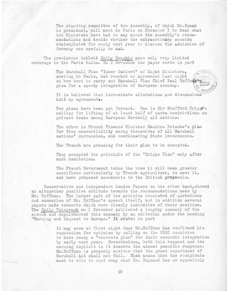 Review of European Press Reaction to Mr. Hoffman\'s Paris Visit and OEEC Negotiations, 25 October through 10 November 1949