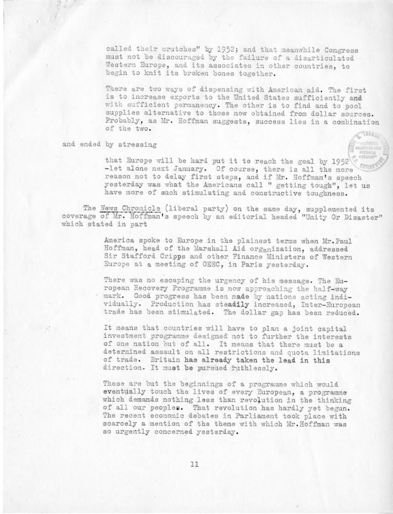 Review of European Press Reaction to Mr. Hoffman\'s Paris Visit and OEEC Negotiations, 25 October through 10 November 1949