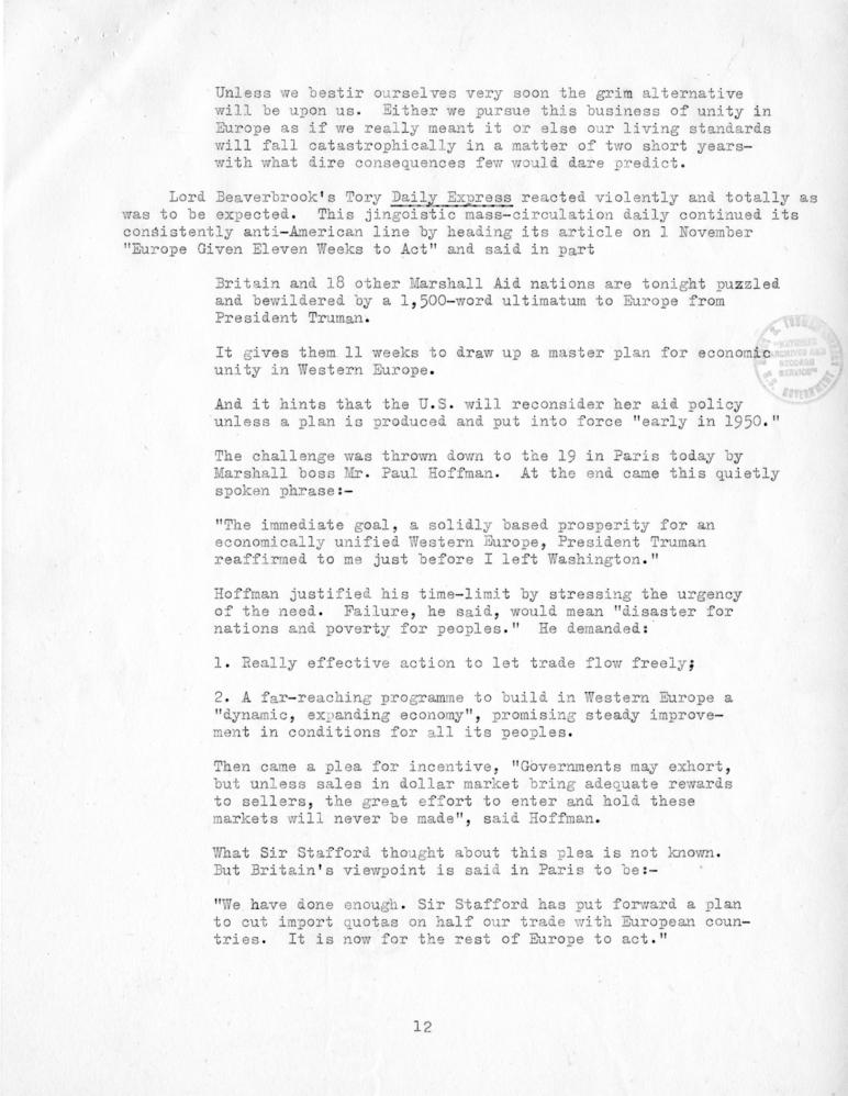 Review of European Press Reaction to Mr. Hoffman\'s Paris Visit and OEEC Negotiations, 25 October through 10 November 1949