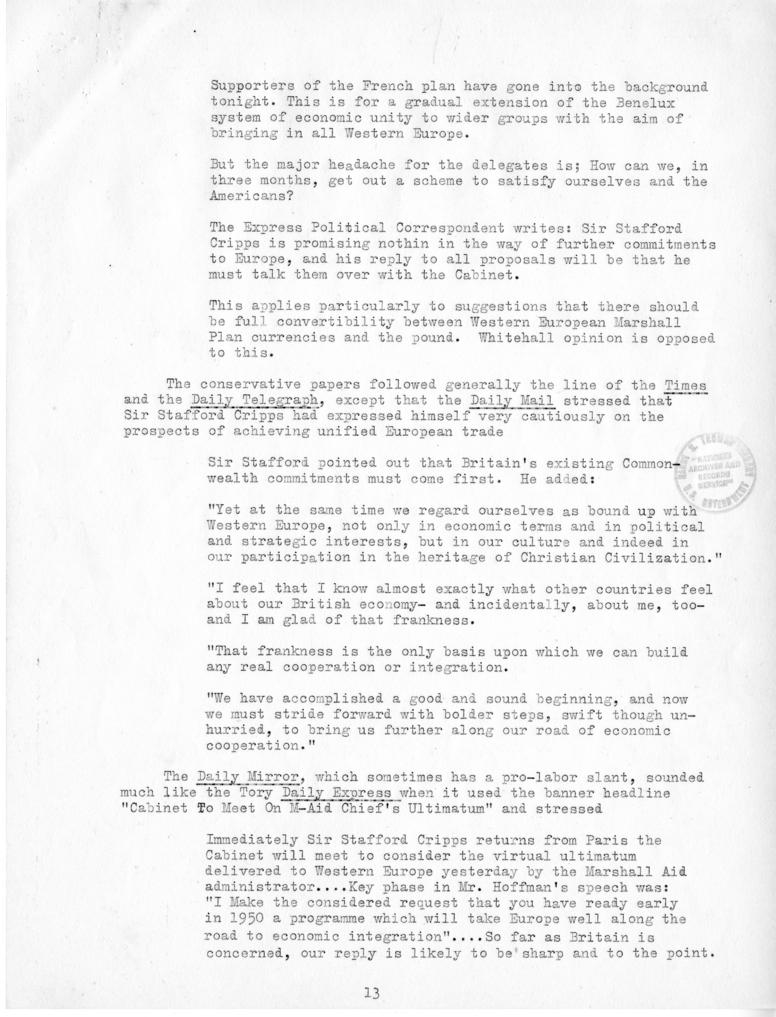 Review of European Press Reaction to Mr. Hoffman\'s Paris Visit and OEEC Negotiations, 25 October through 10 November 1949