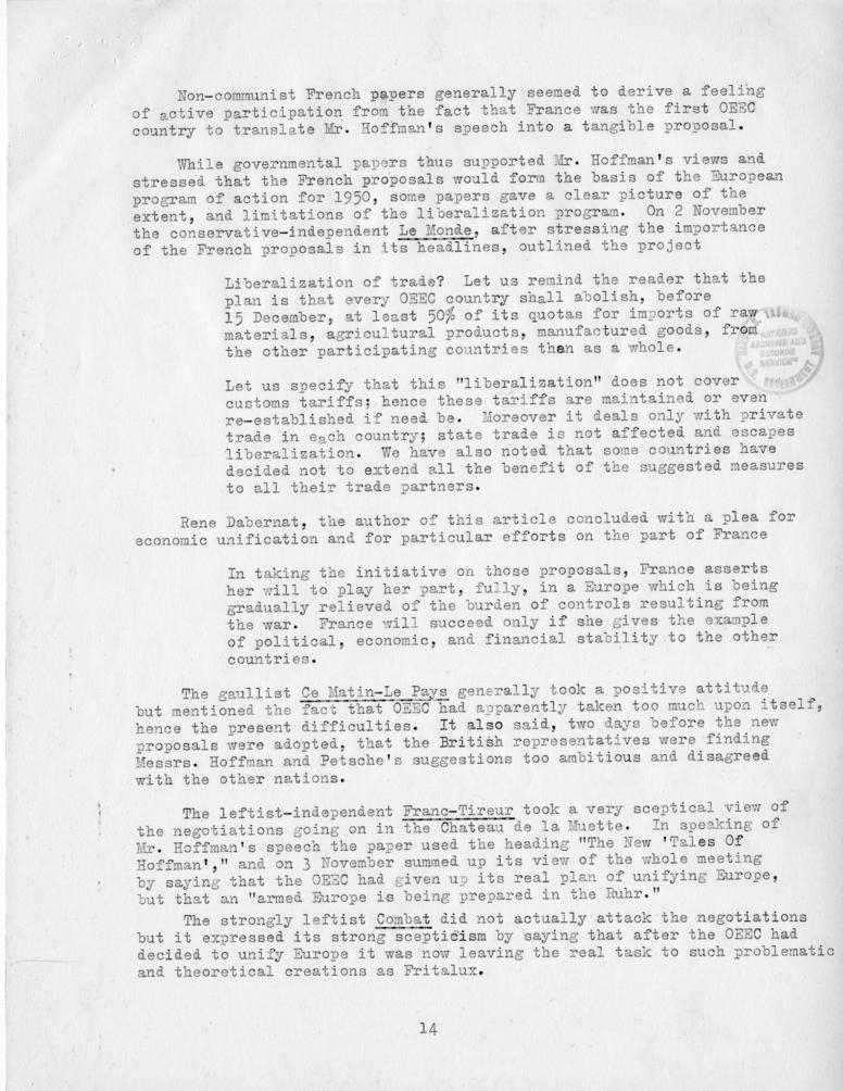 Review of European Press Reaction to Mr. Hoffman\'s Paris Visit and OEEC Negotiations, 25 October through 10 November 1949