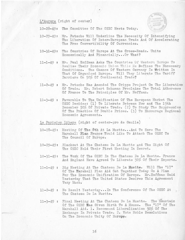 Review of European Press Reaction to Mr. Hoffman\'s Paris Visit and OEEC Negotiations, 25 October through 10 November 1949