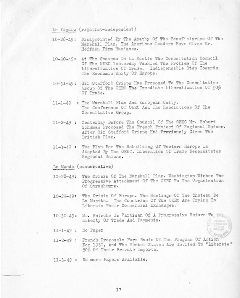 Review of European Press Reaction to Mr. Hoffman\'s Paris Visit and OEEC Negotiations, 25 October through 10 November 1949