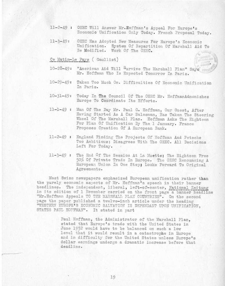 Review of European Press Reaction to Mr. Hoffman\'s Paris Visit and OEEC Negotiations, 25 October through 10 November 1949