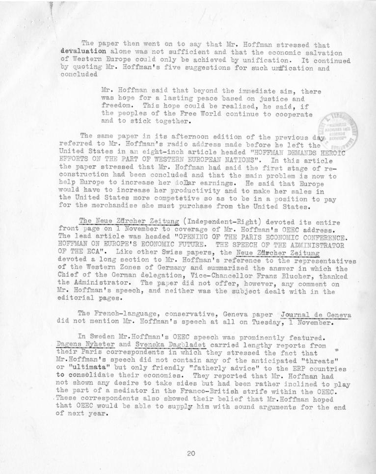 Review of European Press Reaction to Mr. Hoffman\'s Paris Visit and OEEC Negotiations, 25 October through 10 November 1949
