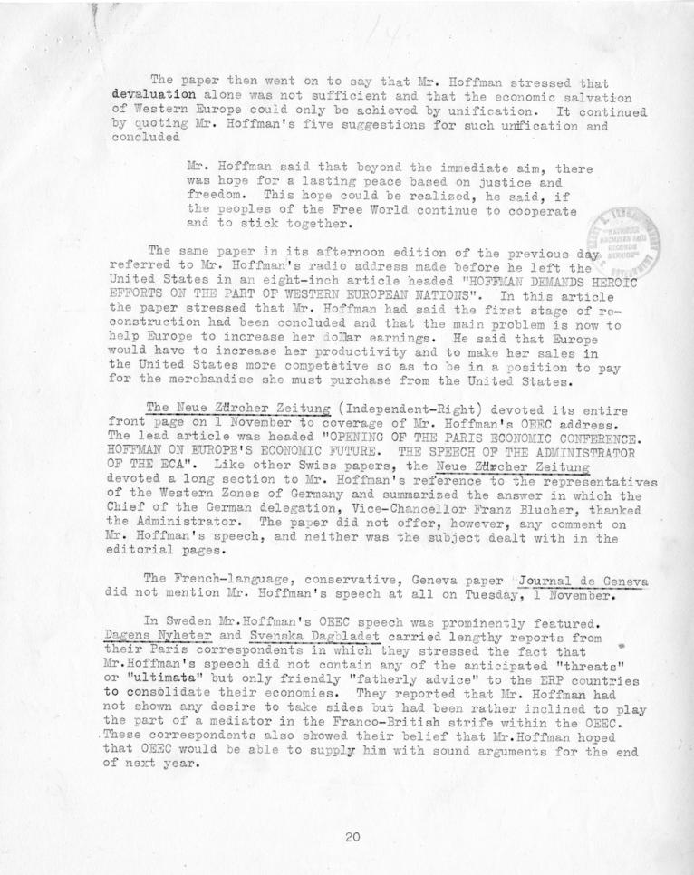 Review of European Press Reaction to Mr. Hoffman\'s Paris Visit and OEEC Negotiations, 25 October through 10 November 1949