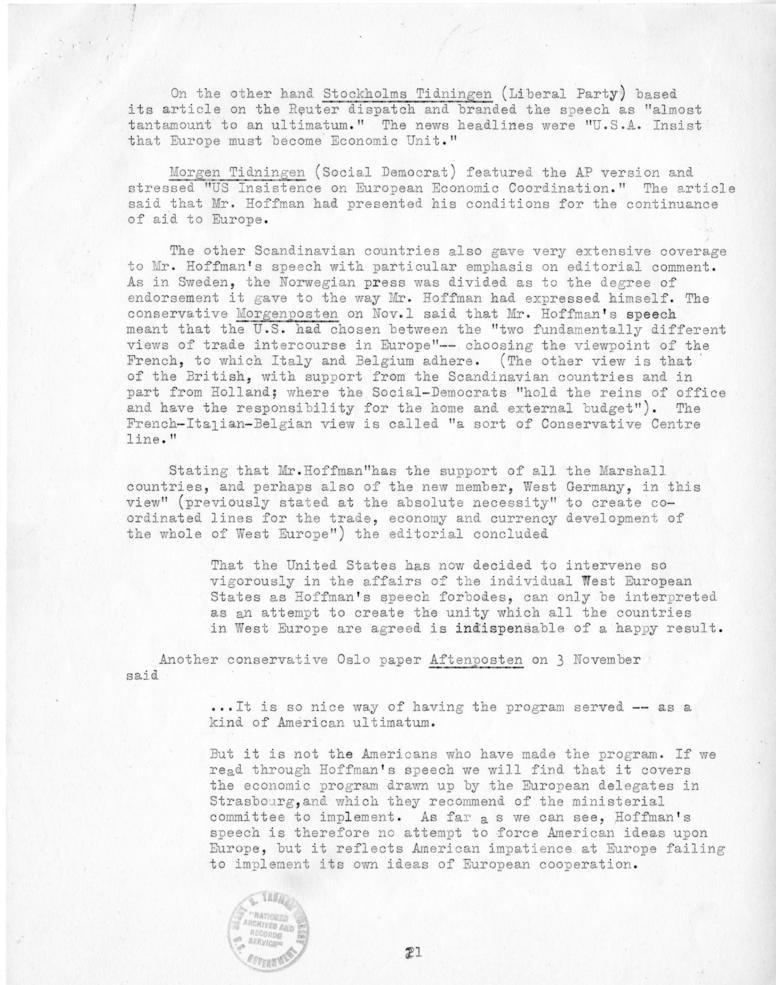 Review of European Press Reaction to Mr. Hoffman\'s Paris Visit and OEEC Negotiations, 25 October through 10 November 1949