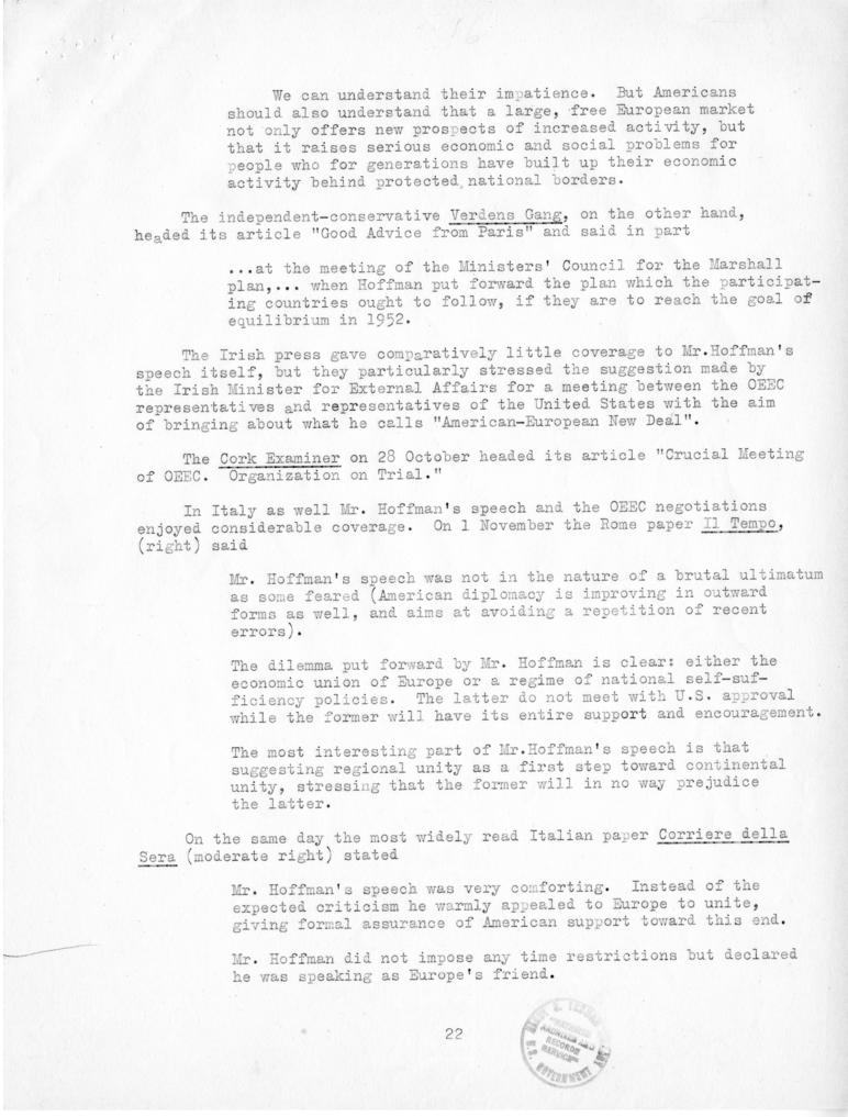 Review of European Press Reaction to Mr. Hoffman\'s Paris Visit and OEEC Negotiations, 25 October through 10 November 1949