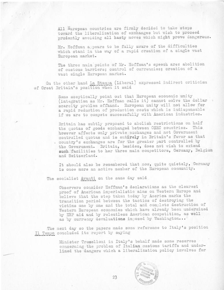 Review of European Press Reaction to Mr. Hoffman\'s Paris Visit and OEEC Negotiations, 25 October through 10 November 1949