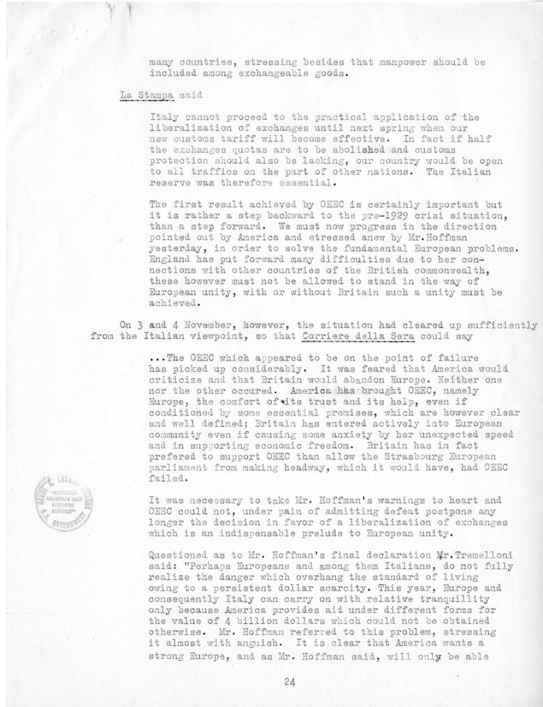 Review of European Press Reaction to Mr. Hoffman\'s Paris Visit and OEEC Negotiations, 25 October through 10 November 1949