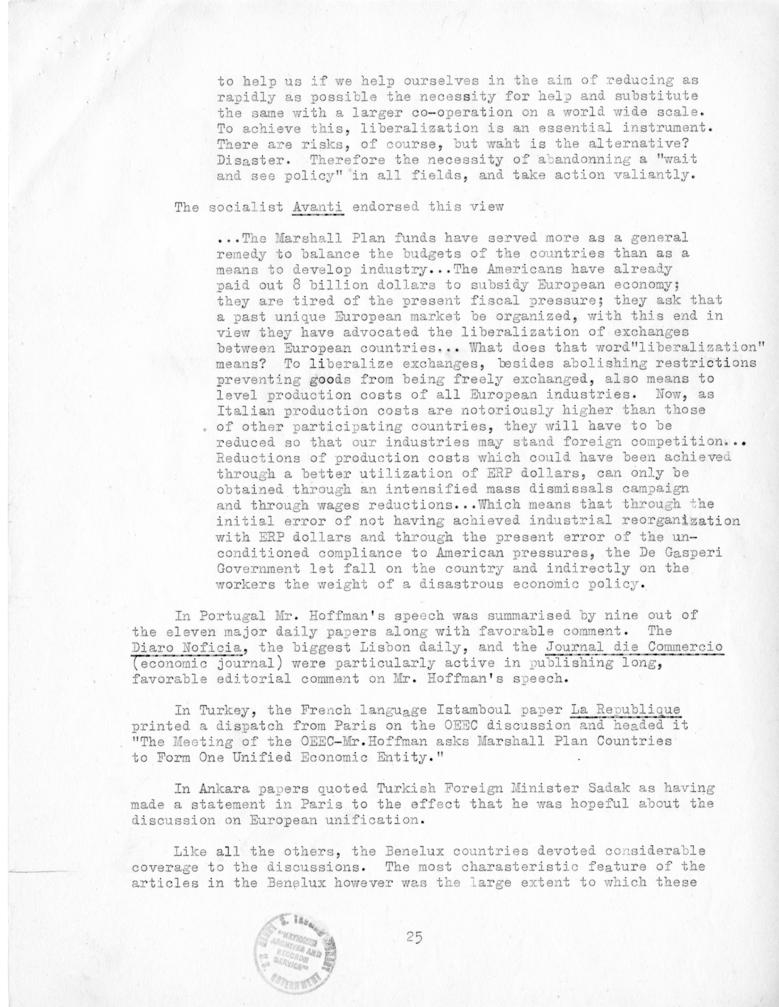 Review of European Press Reaction to Mr. Hoffman\'s Paris Visit and OEEC Negotiations, 25 October through 10 November 1949