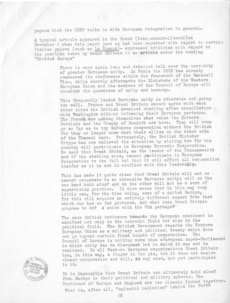 Review of European Press Reaction to Mr. Hoffman\'s Paris Visit and OEEC Negotiations, 25 October through 10 November 1949