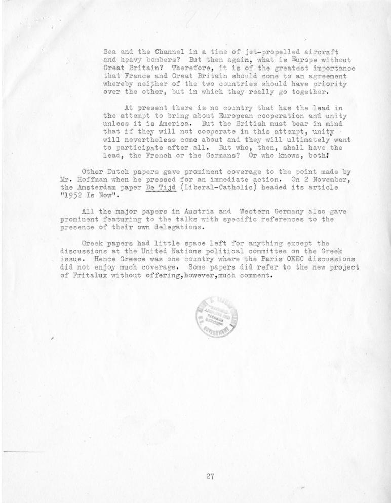 Review of European Press Reaction to Mr. Hoffman\'s Paris Visit and OEEC Negotiations, 25 October through 10 November 1949