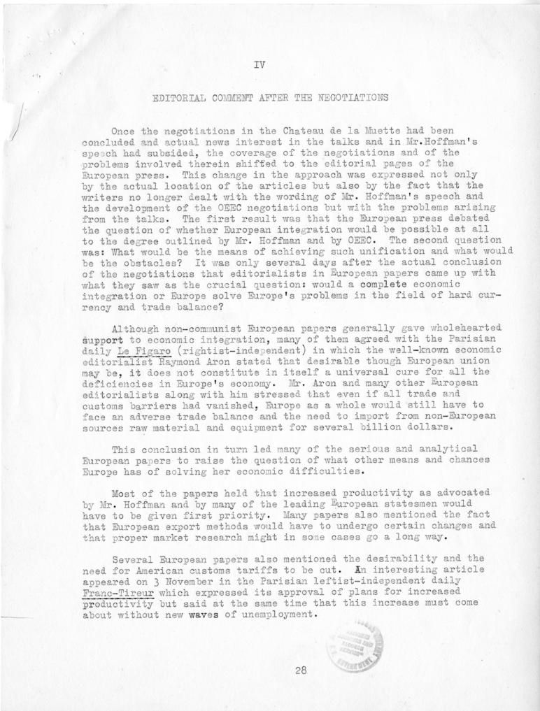 Review of European Press Reaction to Mr. Hoffman\'s Paris Visit and OEEC Negotiations, 25 October through 10 November 1949