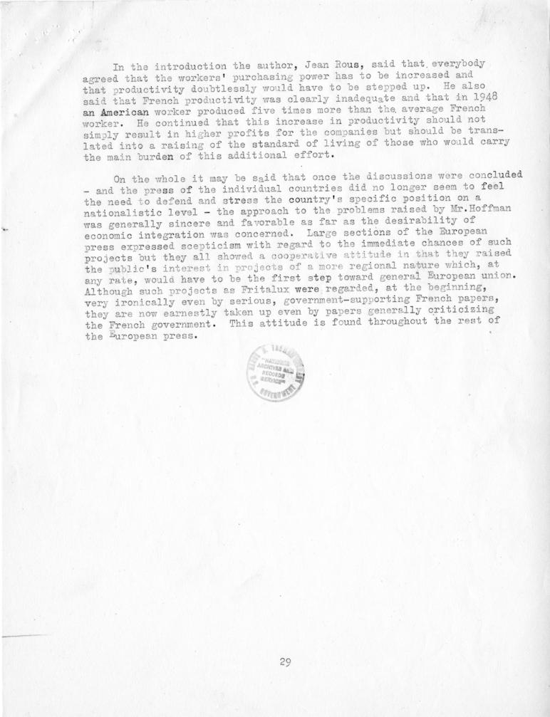 Review of European Press Reaction to Mr. Hoffman\'s Paris Visit and OEEC Negotiations, 25 October through 10 November 1949