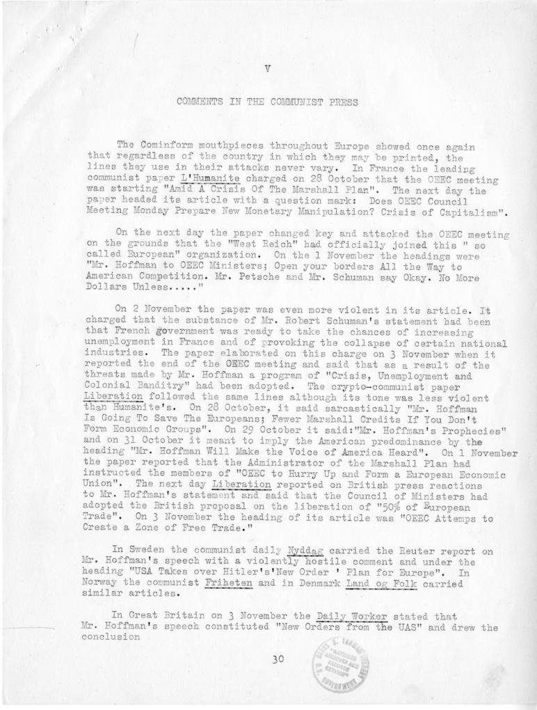 Review of European Press Reaction to Mr. Hoffman\'s Paris Visit and OEEC Negotiations, 25 October through 10 November 1949