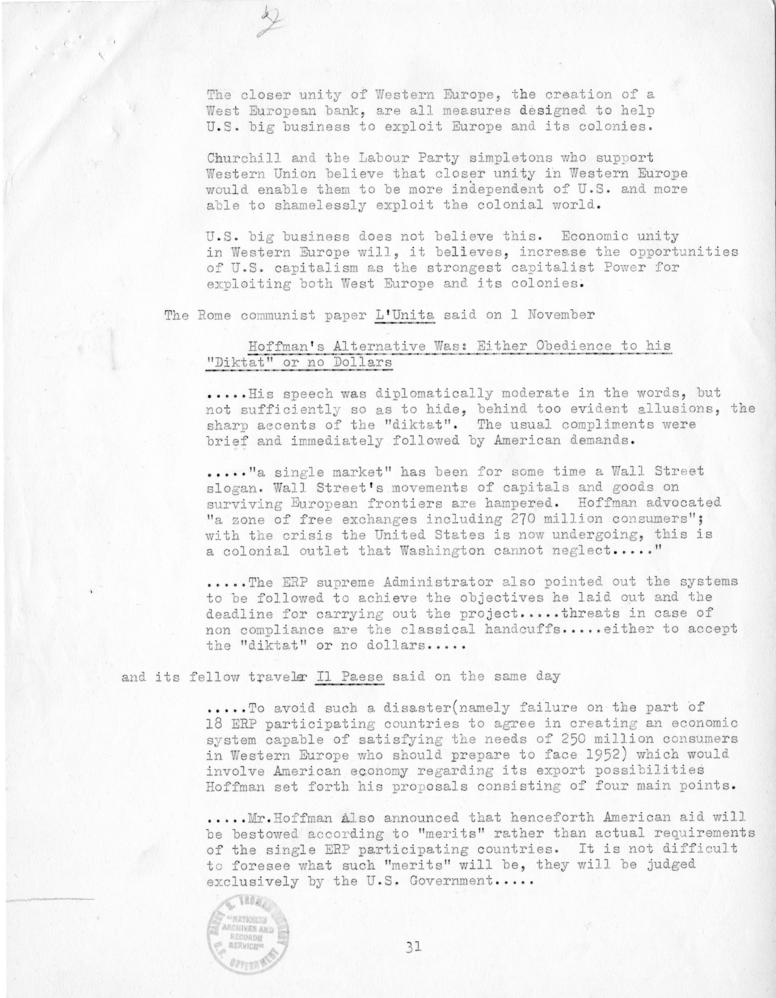 Review of European Press Reaction to Mr. Hoffman\'s Paris Visit and OEEC Negotiations, 25 October through 10 November 1949