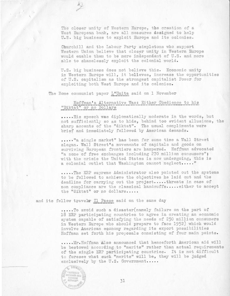 Review of European Press Reaction to Mr. Hoffman\'s Paris Visit and OEEC Negotiations, 25 October through 10 November 1949