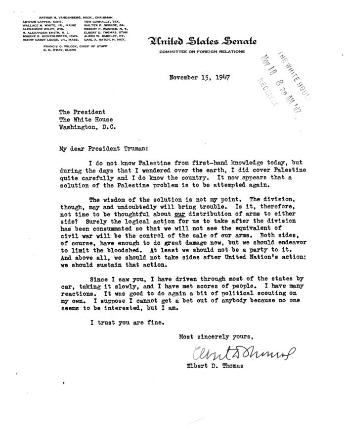 Correspondence between Elbert Thomas and Harry S. Truman