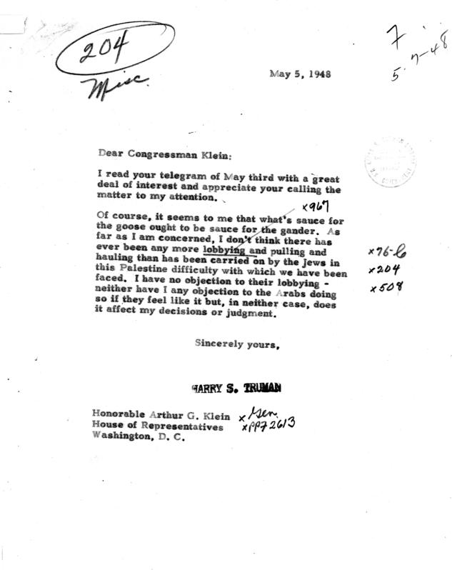 Correspondence between Arthur Klein and Harry S. Truman
