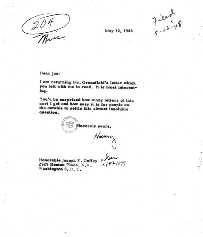 Harry S. Truman to Joseph Guffey, with attatched correspondence