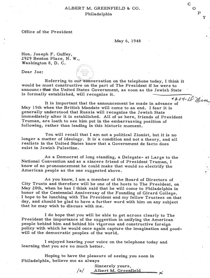 Harry S. Truman to Joseph Guffey, with attatched correspondence