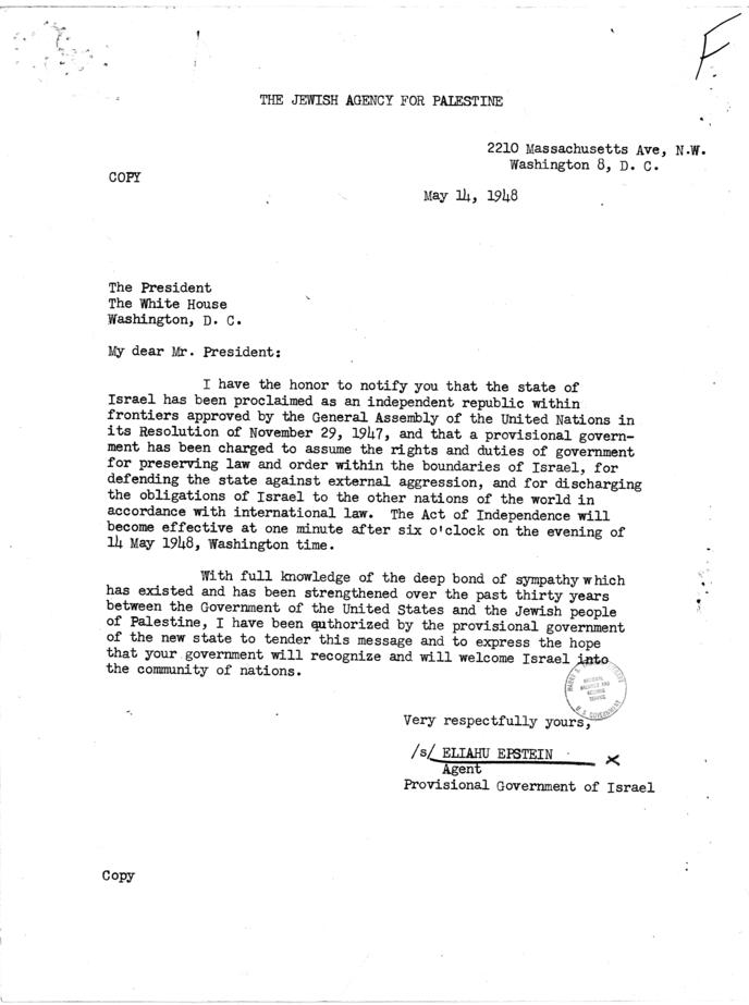 Eliahu Epstein to Harry S. Truman with attatchments re: recognition of Israel