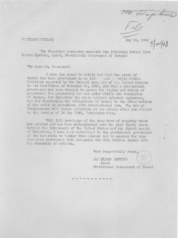 Eliahu Epstein to Harry S. Truman with attatchments re: recognition of Israel