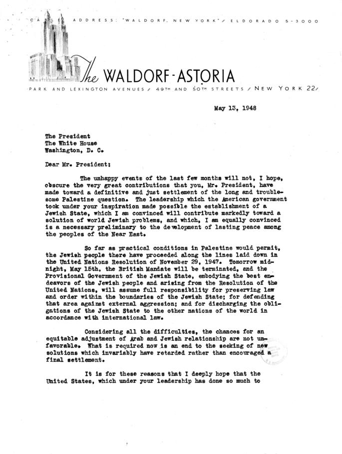 Correspondence between Chaim Weizmann and Harry S. Truman