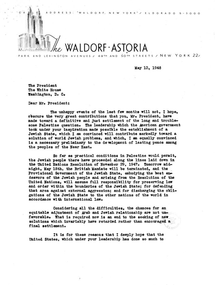 Correspondence between Chaim Weizmann and Harry S. Truman