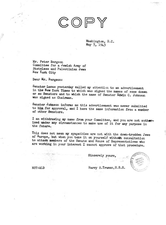 Correspondence between Senator Harry S. Truman and others re: creation of Jewish Army