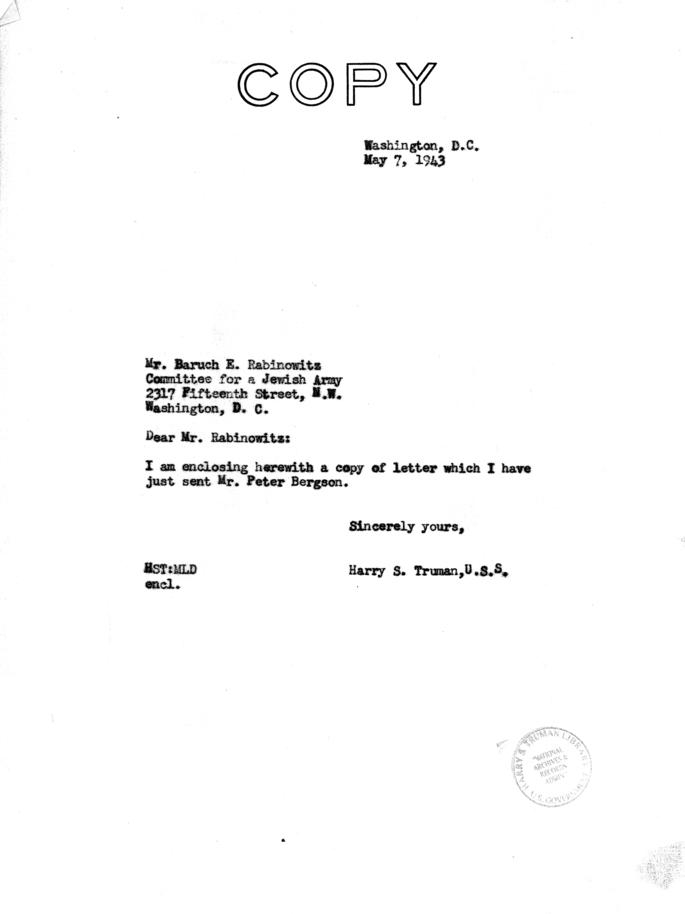 Correspondence between Senator Harry S. Truman and others re: creation of Jewish Army