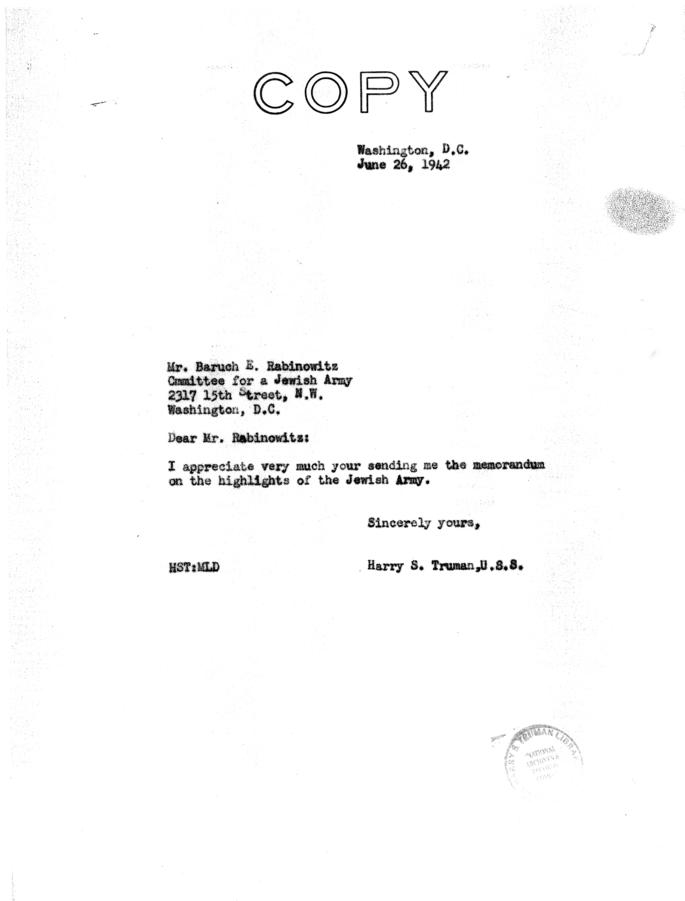 Correspondence between Senator Harry S. Truman and others re: creation of Jewish Army