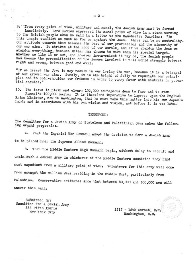 Correspondence between Senator Harry S. Truman and others re: creation of Jewish Army