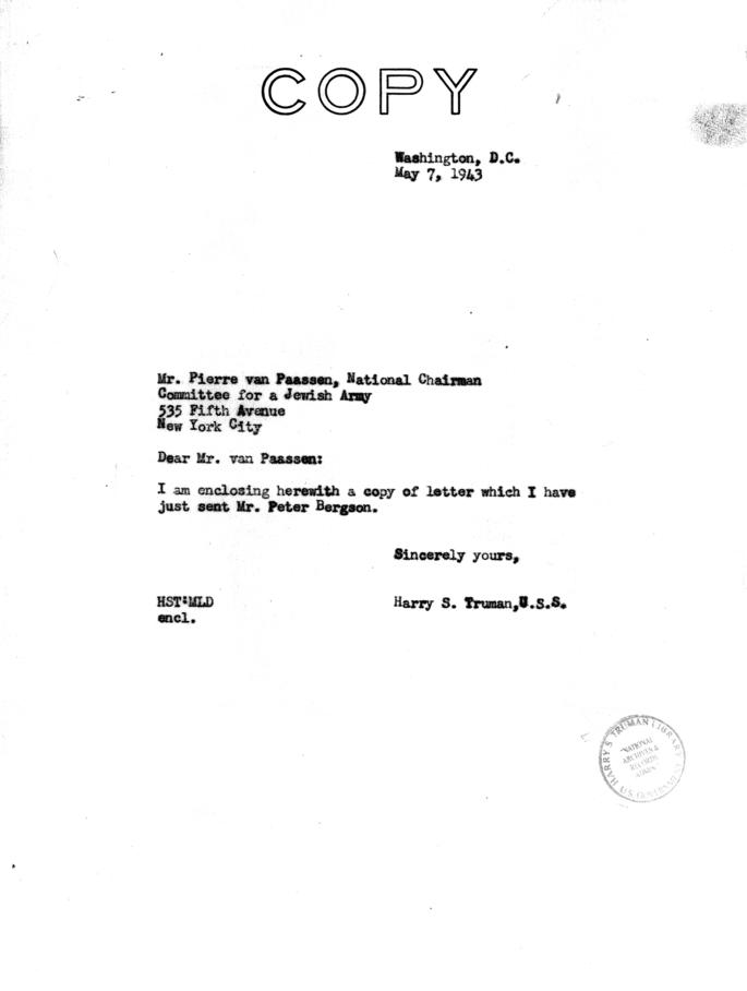 Correspondence between Senator Harry S. Truman and others re: creation of Jewish Army