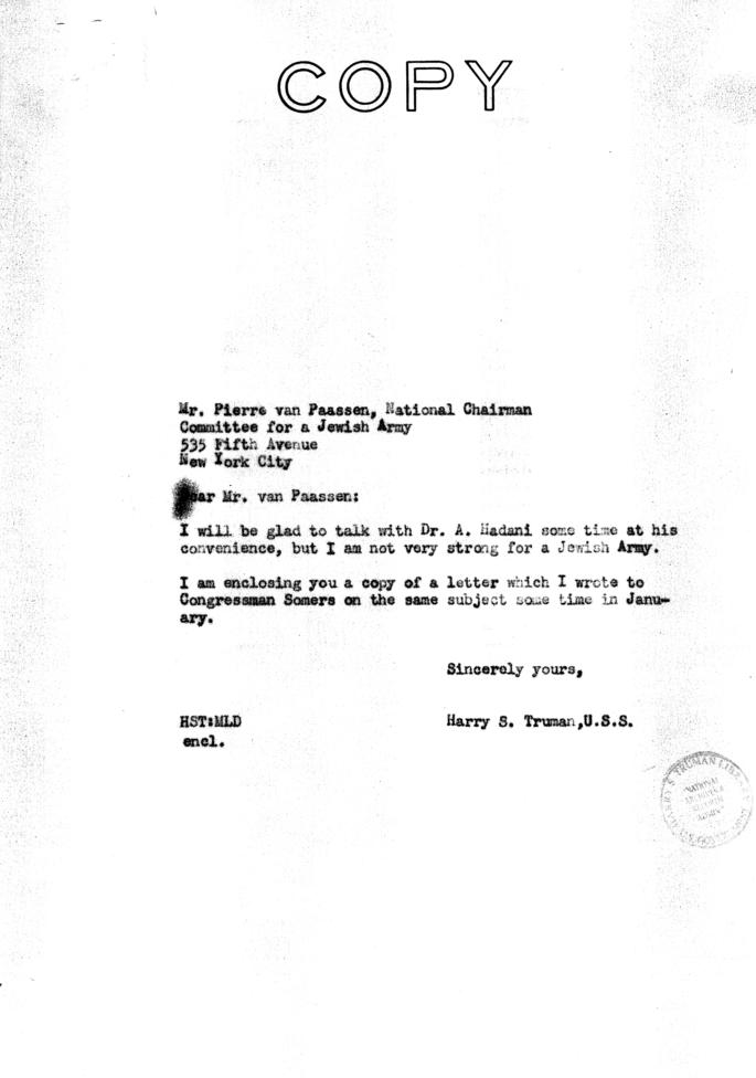 Correspondence between Senator Harry S. Truman and others re: creation of Jewish Army