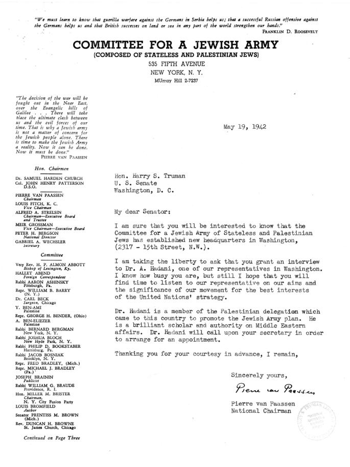 Correspondence between Senator Harry S. Truman and others re: creation of Jewish Army