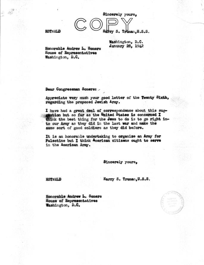 Correspondence between Senator Harry S. Truman and others re: creation of Jewish Army