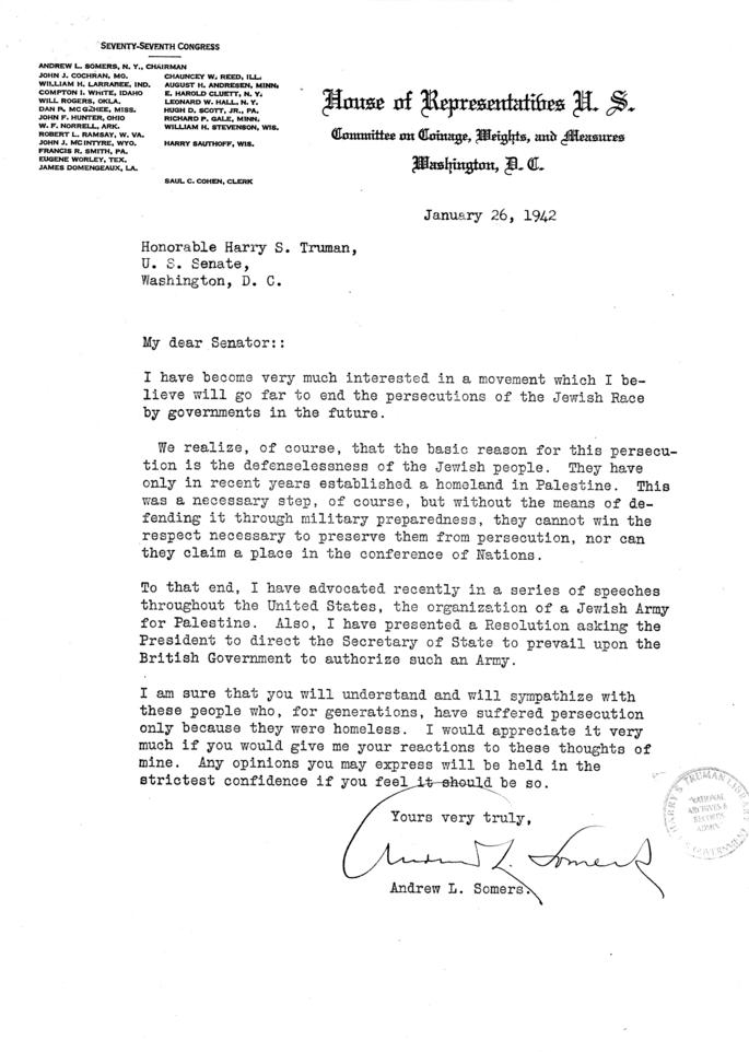 Correspondence between Senator Harry S. Truman and others re: creation of Jewish Army