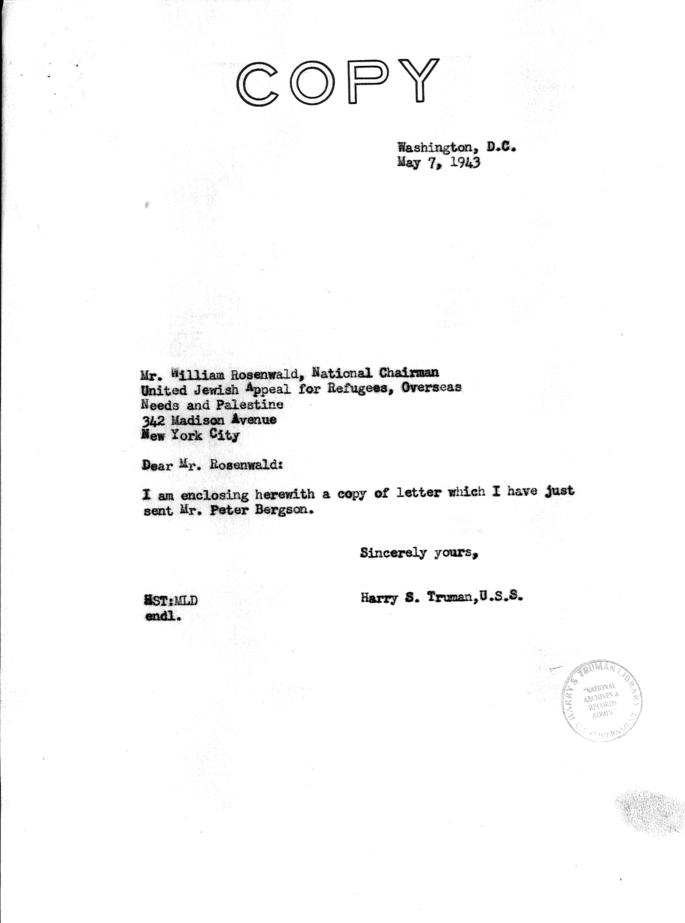 Correspondence between Senator Harry S. Truman and others re: creation of Jewish Army