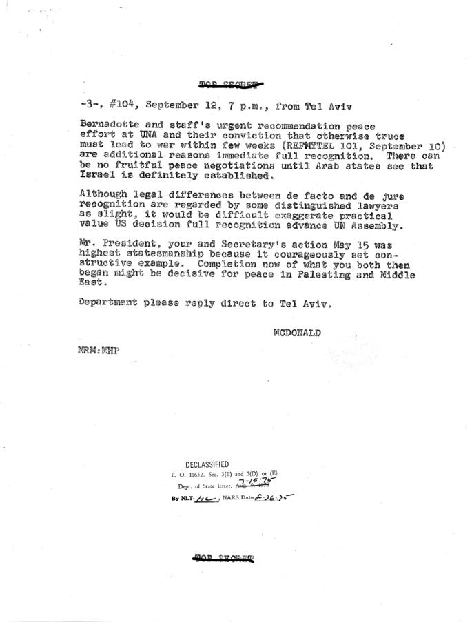 Telegram, McDonald to Secretary of State