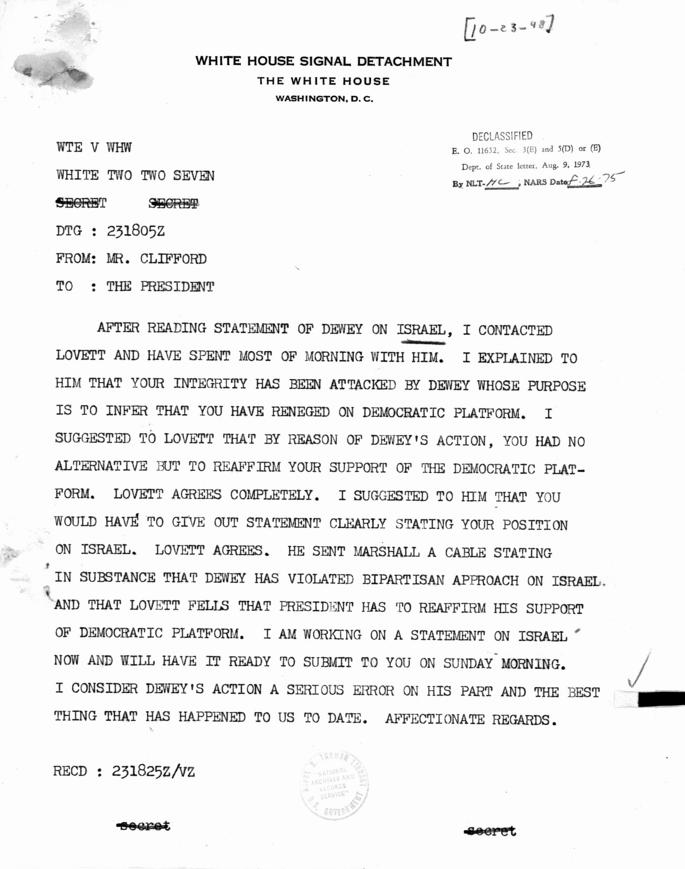 Telegram, Clark Clifford to Harry S. Truman