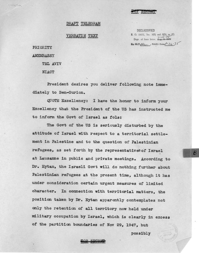 Draft telegram from to American Embassy, Tel Aviv