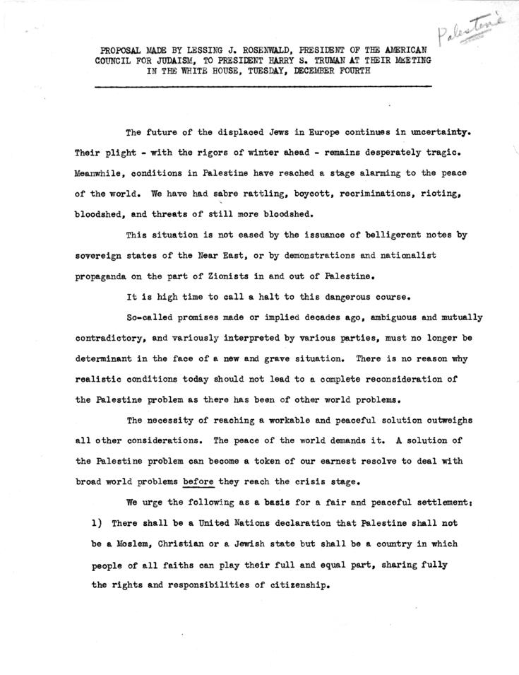 Proposal, Lessing J. Rosenwald to Harry S. Truman