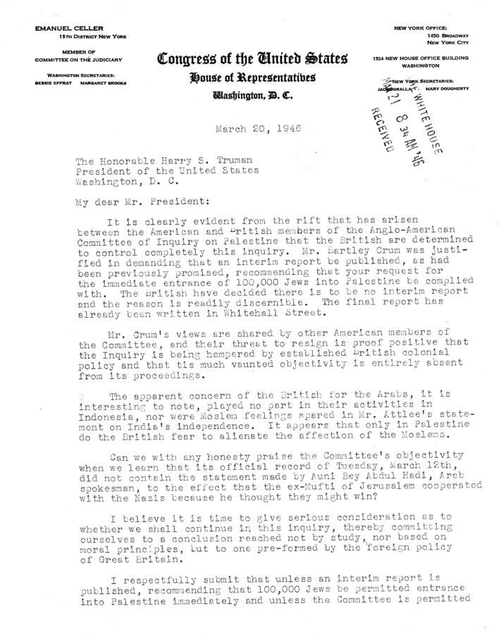 Correspondence between Emanuel Celler and Harry S. Truman
